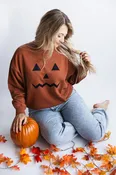 1897 Active Embroidered Pumpkin Face Sweatshirt for Women in Rust | GT892-RUST