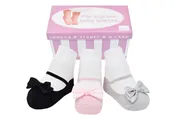 LITTLE PRETTIES shoe-design socks.  With satin bows and anti-slip soles. 3 pairs. 0-12 months
