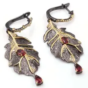 18K Gold Fill Natural Garnet Dangle Leaf 925 Silver Earrings