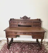 Antique French Louis XIII Oak Desk, Renaissance Style Carved Writing Desk, Barley Twist Legs, 19th Century