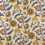Beige Olive Green Mustard Gold Floral Embroidered Crewel Upholstery Drapery Fabric
