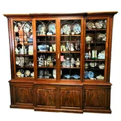 1810 English George III Mahogany Breakfront, Cabinet, Bookcase, Brass Trim