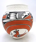 Acoma Beverly Garcia Handmade and Hand Painted Polychrome Parrot Design Jar with Corrugated Rim