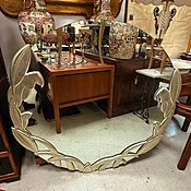 Large Vintage Round Mirror with Carved Silver Leaf Border