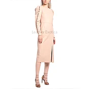Blush Pink Ruffle Sleeves Women Midi Hot Leather Dress