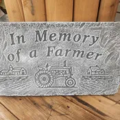 "In memory of a Farmer" cement memorial stone with stand