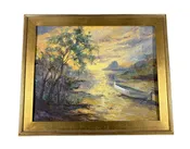 #106 Vintage Acrylic Landscape Painting On Canvas  Framed 33.75"W