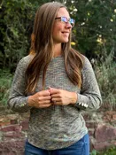 Autumn Mist Space Dye Ribbed Top – Elegant Button-Cuff Knit