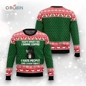 Black Cat Drink Coffee Ugly Christmas Sweater