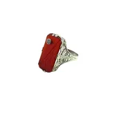Art Deco 18K white gold, carved carnelian and diamond ring