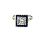 1.18ct Antique Cushion Diamond 1.60ct Calibre Sapphires (32 Stones) Modern Handmade Platinum Ring