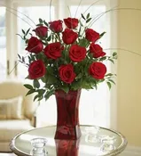 12 PREMIUM RED ROSES IN RED VASE