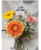 3 GERBERA DAISIES IN A VASE WITH A BIRTHDAY (B)