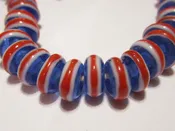 Blue with White and Red Stripe Indonesian Lampwork Glass Beads  – 9mm x 4mm