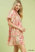 Boho Patchwork Dress - Coral