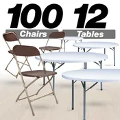 100 Pack Brown Plastic Folding Chair and 12 60" (5 Foot) Round Plastic Folding Table