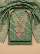 Aqua Green Chanderi Embroidered Unstitched Dress Material
