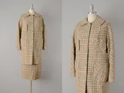 1950s Wool Suit / Brown Houndstooth Wool Suit with Coat / Size Small Medium