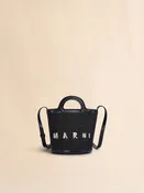 Petit sac seau Tropicalia en tissu effet raphia et cuir noir
