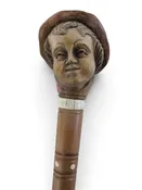 Antique FOLK ART Hand Carved Wood Young Male ALPINE Hat BOY Walking Stick Cane