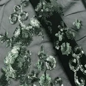 1 1/2 YD PC-Black/Deep Green Floral Sequined Stretch Mesh Fabric