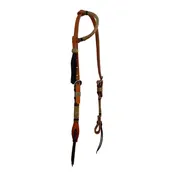 2071-HBI 5/8" Round one ear headstall harness leather rawhide and black braided stripes with braided loops and tassel
