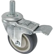 3-1/2" x 1-1/4" Grey Polyurethane Wheel Swivel Caster w/ Total Lock Brake, 16mm-2.0 x 1-1/2" Threaded Stem - 300 lbs Capacity