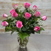 A Dozen Pink Roses - Fresh Cut Rose Floral Arrangement in Glass Vase