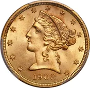 (8418) 1908 $5 PCGS MS64 Liberty CAC