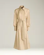 BEIGE PRINTED SILK KNEE-LENGTH SHIRT DRESS