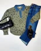 Denim Collar Bandana Top in Moss