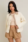 Cassie Long Sleeve Button Down Gingham Contrast Trim Shacket Cream