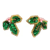 Christmas Holly Earring Appliqué Pair - Green Sequins - Pink Pearl Berries 1.5"