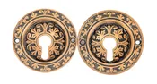 1870's ornamental cast brass circular-shaped post-fire chicago residential pocket door door plates with black enameled inlay