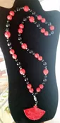 Beauiful Cinnabar Necklace with Sterling Silver and Black Glass Beads 29" — Sir Richards Antiques & Fine Art Center ~ Est. 1971