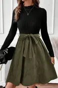 Black Ribbed Belted Dress