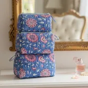 AMRANIS - Blue Floral Block Printed Toiletry Bag - Set of 3