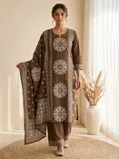 Brown Embroidery Cotton Blend Kurta With Pant & Dupatta