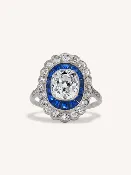 Art Deco Old Mine Cushion Cut Diamond & Sapphire Vintage Engagement Ring