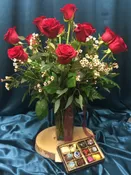 A DOZEN ROSES WITH CHOCOLATES