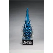 10" Blue and Black Teardrop Art Glass on Clear Glass Base with Black Laserable Aluminum Plate