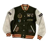 GREEN  PATCH VARSITY WITH WHITE LEATHER SLEEVES