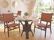 3 Piece Rattan Dining Set With Leather Strapped Chairs & 36" Round Dining Table Riviera Style, Black with Brown Leather Seat & Back