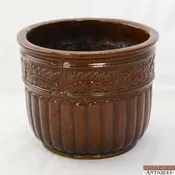 MidCentury Chesnut Brown Art Pottery Jardiniere Planter Leaf Border Paneled Side