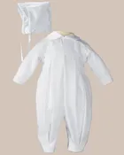 Boys Pleated Christening Baptism Coverall with Embroidered Shamrock Cluster and Hat