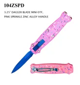 Automatic Pink Sprinkle OTF Knife w/Sheath Blue Ti Stainless-Steel Blade/3D Print Zinc Alloy Handle SKU 104ZSPD