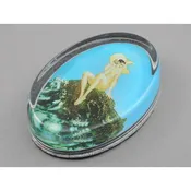 Vintage Glass Paperweight - Louis Icart Print - " Le Coquillage " (Song of the Sea), circa 1930 - Art Deco Era - Nude Wearing Hat on Beach with Seashell