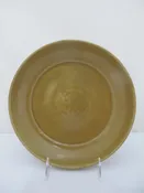 Chinese LONGQUAN Yuan Style CELADON Olive Green Glaze LOTUS Flower Shallow Bowl