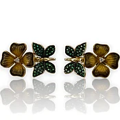 14kt Solid Yellow Gold Flower and Green Butterfly Snap Closure Stud Earrings with CZ Cubic Zirconia Stones