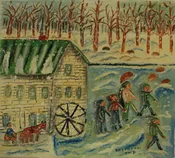 5 people skating by the white mill